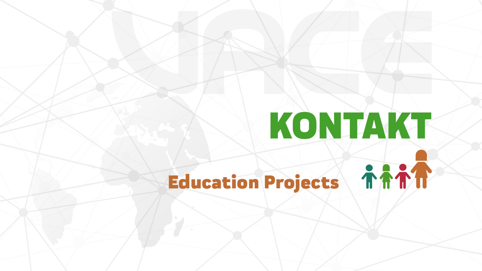 Sujet mit VACE Logo, Weltkarte und Netzstruktur im Hintergrund und dem Wort Kontakt Education Projects mit VACE Symbol bunte Männchen
