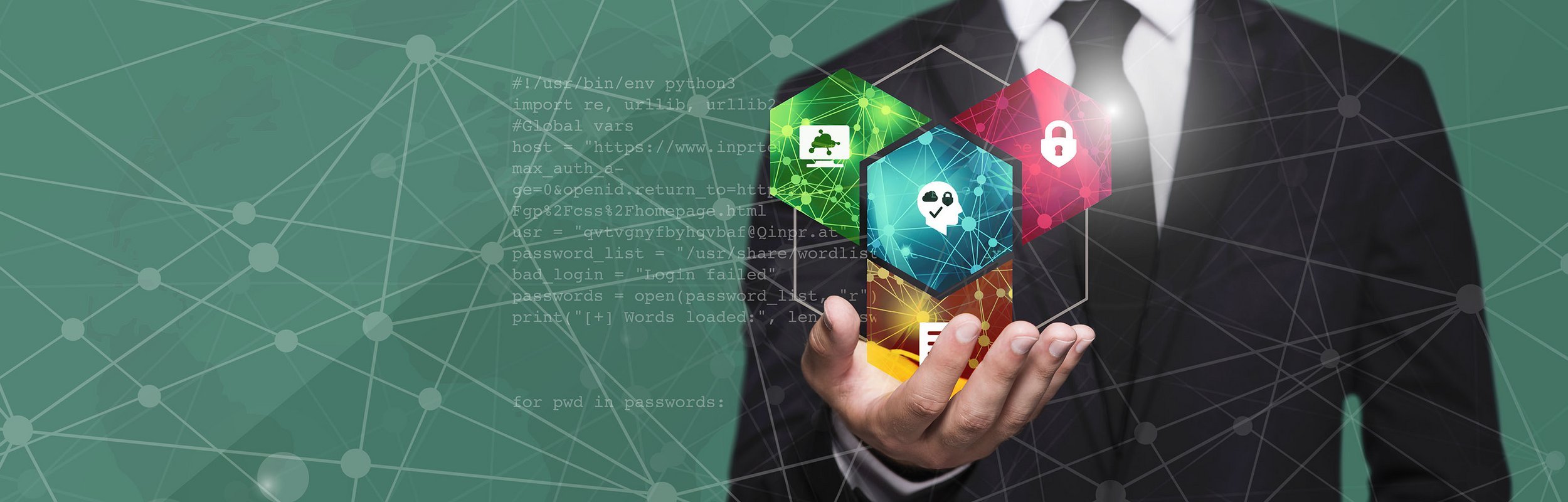 Petrolfarbener Hintergrund mit Netz und Mann hält Digital Solutions Icon in der Hand 