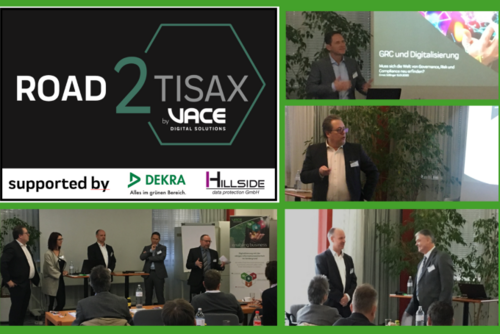 Bildcollage vom Tisax-Event mit Vortragenden, und Eventteilnehmern in Konferenzraum