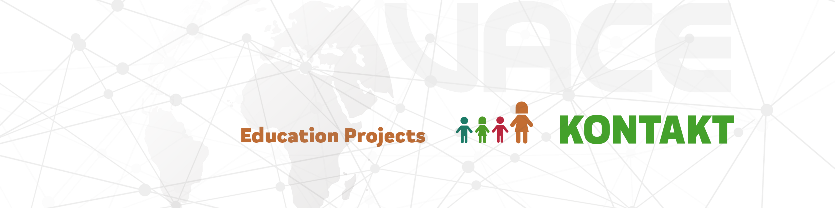 Sujet mit VACE Logo, Weltkarte und Netzstruktur im Hintergrund und dem Wort Kontakt Education Projects mit VACE Symbol bunte Männchen